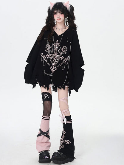 Warmers - Cross Black/Black Knitted Straps Pink/White Leg Design Asymmetrical Crisscross Y2K Pattern