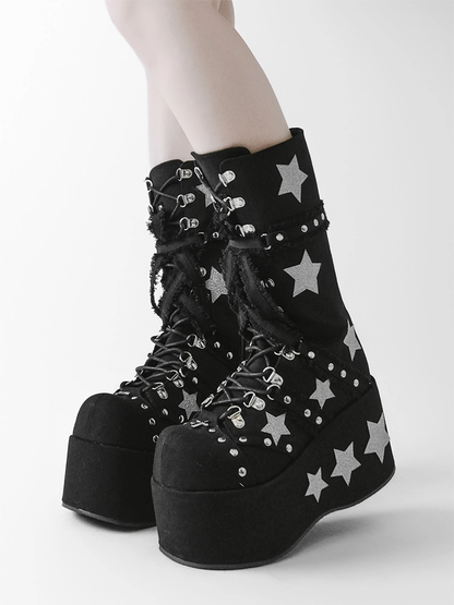 Font Shining Heels Gyaru Chunky Boots Star Plateau Schwarz Schnürung Wadenlang