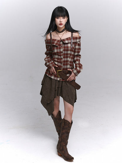 Plaid Off-Shoulder Design Blouse Gothic with PU Adjustable Red