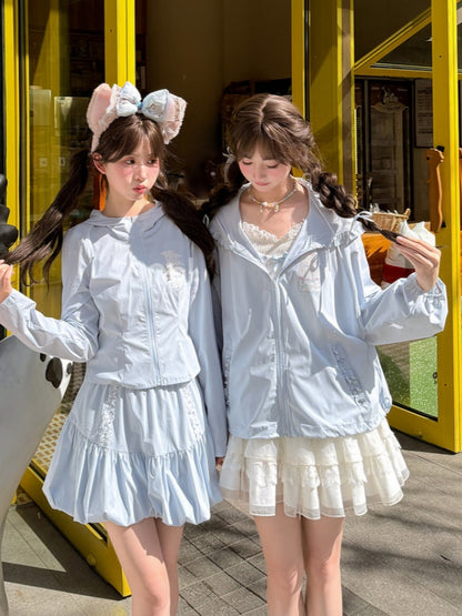 ショート/ロングジャケット ライトブルー ラムプリント サンプロテクション フード付きバージョン