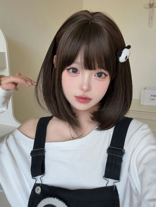 Wig 40CM With Brown Air Length Dark Bangs Synthetic