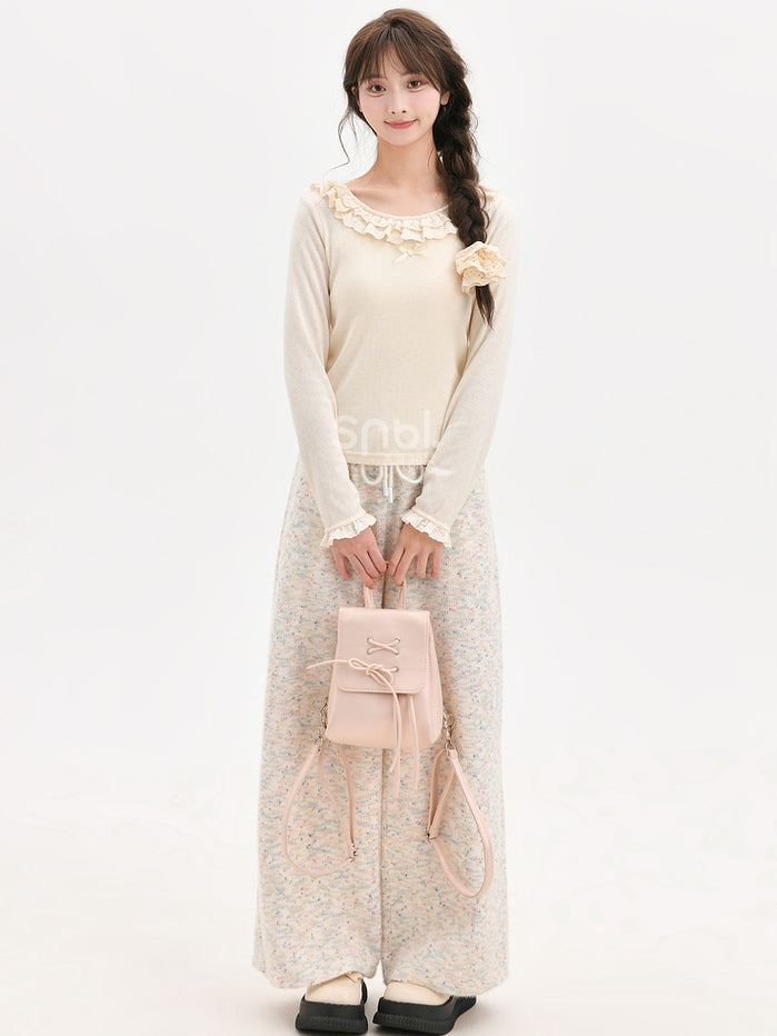 Beiges Slim-Fit-Top mit Spitzenbesatz und Rundhalsausschnitt