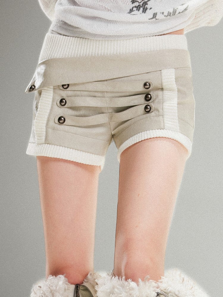 with White Textured Punk Studs Waist Metal PU Shorts Vinatge Gray Low-Rise Elastic