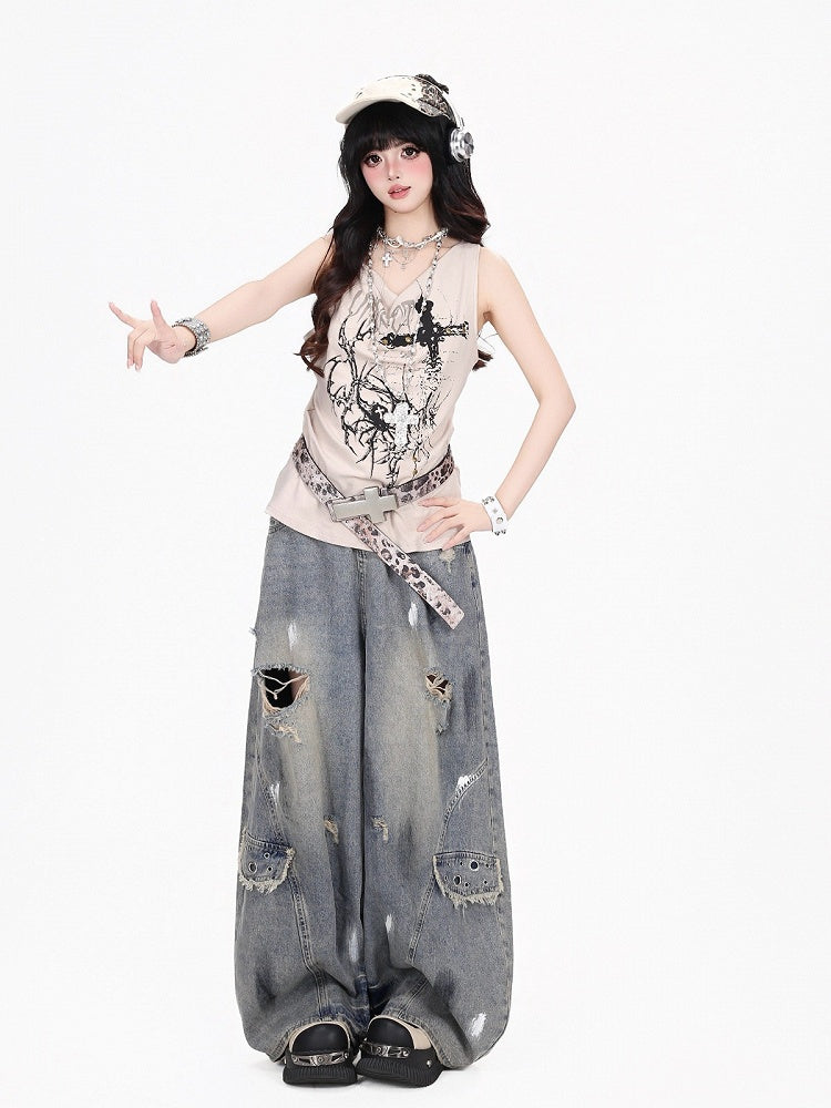 Apricot Y2K Tank Top with Spider and Thorn Print and Rivets - CRAZY GIRL