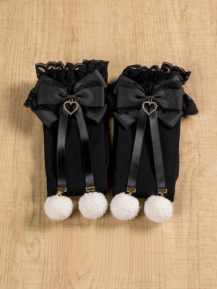 ジライケイ ポンポンディテール レースカフス 蝶結び オーバーニーストッキング