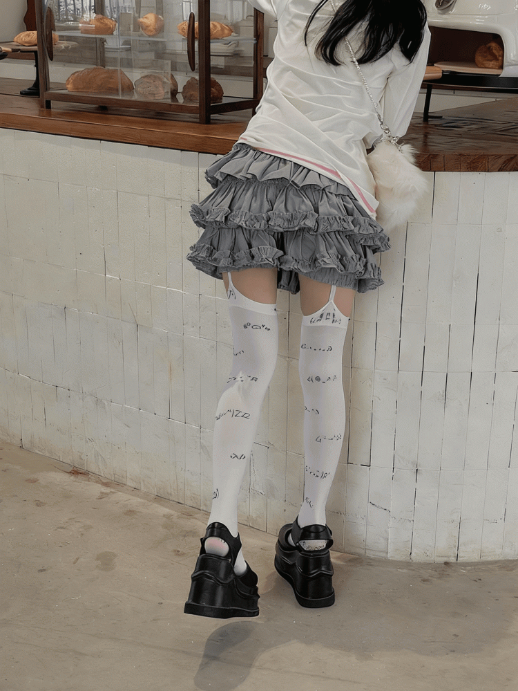 Cute Blue/Black Tights Suspender Kaomoji Print