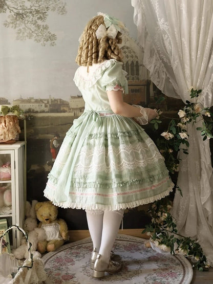 Short Green Puff Sleeve Lace Trim Elegant Lolita Dress - Pumpkin Planet