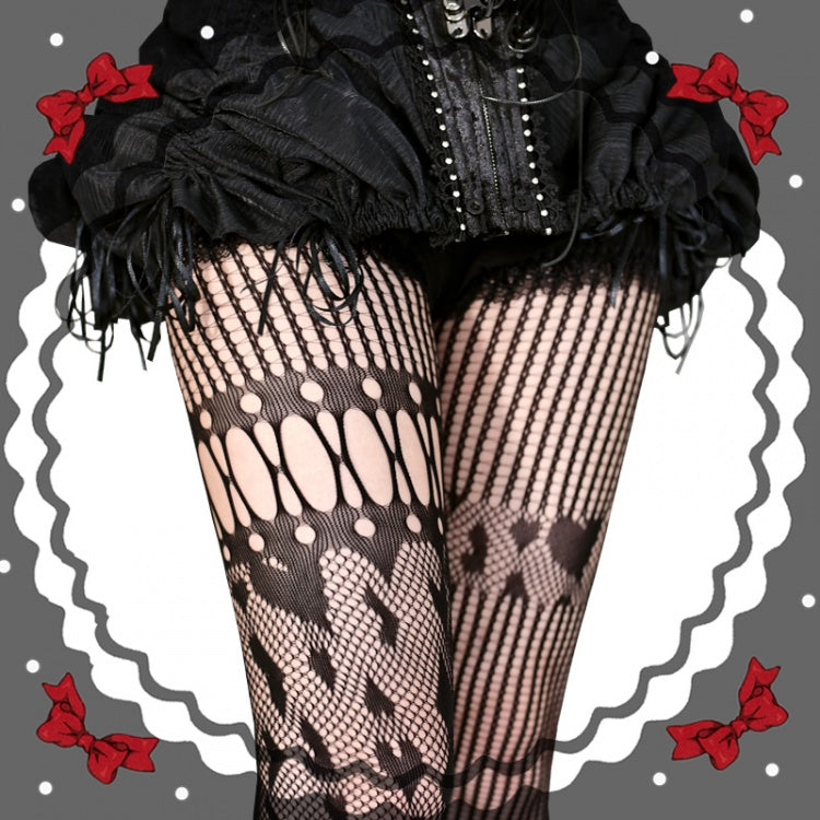 ブラック/レッド/ホワイトハート柄アシンメトリーフィッシュネットタイツ
