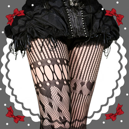 ブラック/レッド/ホワイトハート柄アシンメトリーフィッシュネットタイツ
