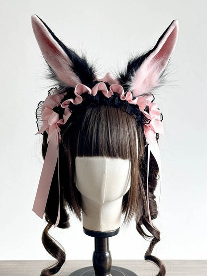Rosa Ohren und rot/pink/schwarzes Kaninchen Daisy mit Haarband Dekoration Lolita Spitze