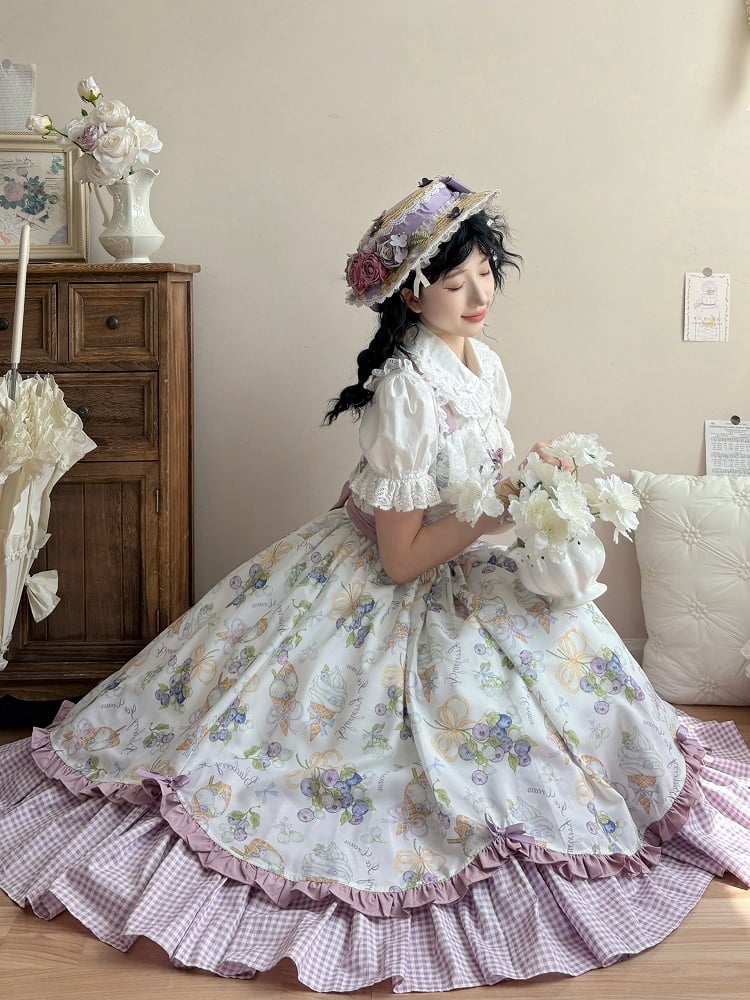 Lila Saum und Lolita Creme Print Ice Gingham Kleid Blaubeere
