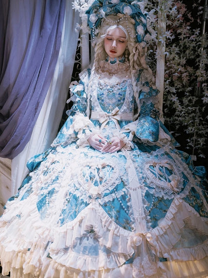 with Sleeves Sweetheart and Ruffle Layers Bell Applique Gorgeous Blue Gown Hime Lolita Beaded Lace