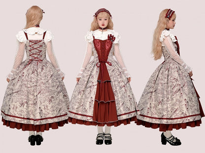Animals and Bodice Elegant Forest with Corset Print Lolita Dress Red
