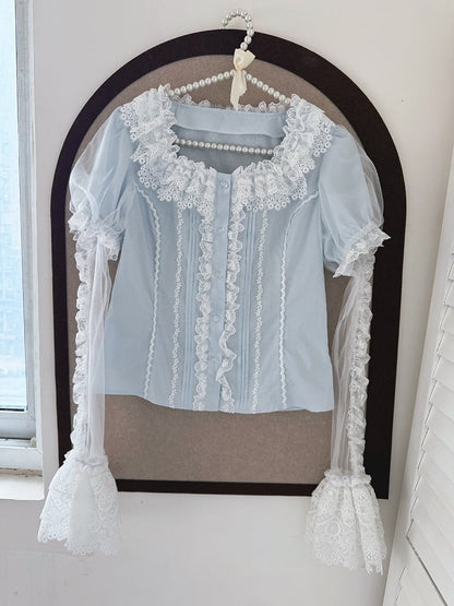 Azure Cotton Sweet Lolita Blouse with Detachable Lace Sleeves