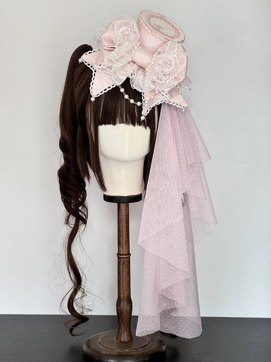 Pink Dark Mini Bow Lolita Hat Veil) / (With Blue Lace