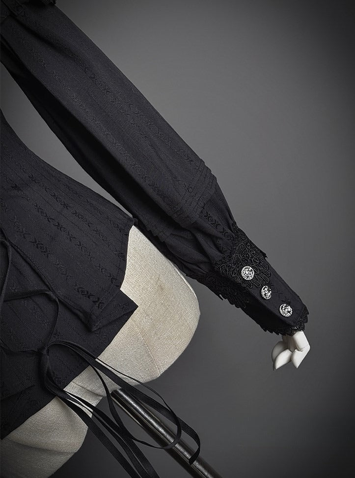 Lace Blouse Neckline Black with Tie Long-sleeved and Bow Ruffled Lolita Details