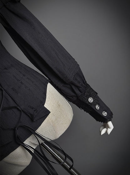Lace Blouse Neckline Black with Tie Long-sleeved and Bow Ruffled Lolita Details