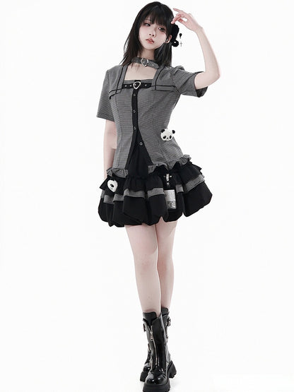 Choker Design Rüschen Saum Plaid Bluse Schwarz Criss-cross All-in-one und