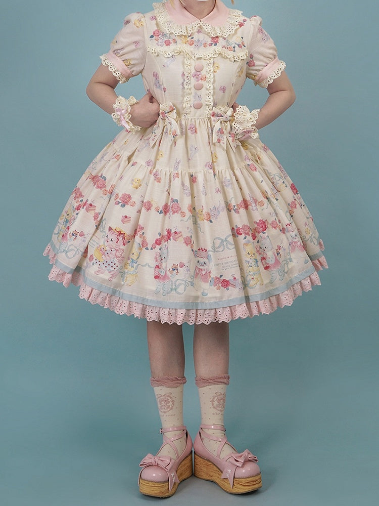 Lolita-Kätzchenkleid mit gewellter Öse und Ärmeln, Aufdruck, cremige süße Verzierungen