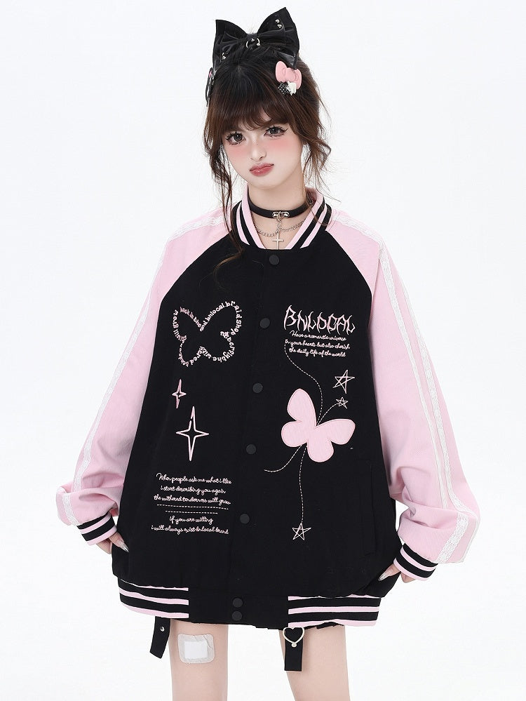 ブラックとピンクのカラーブロックデザイン バタフライベースボールジャケット