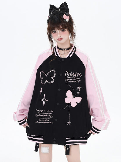 ブラックとピンクのカラーブロックデザイン バタフライベースボールジャケット