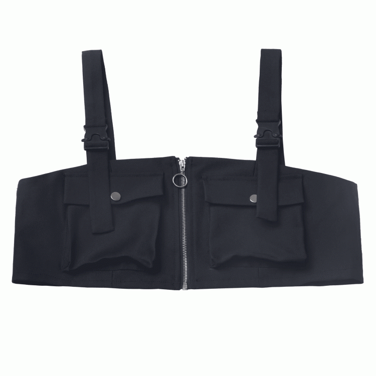Details Shoulder Techwear Zip-up Vest Snap Straps Black Pocket