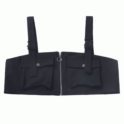 Details Shoulder Techwear Zip-up Vest Snap Straps Black Pocket