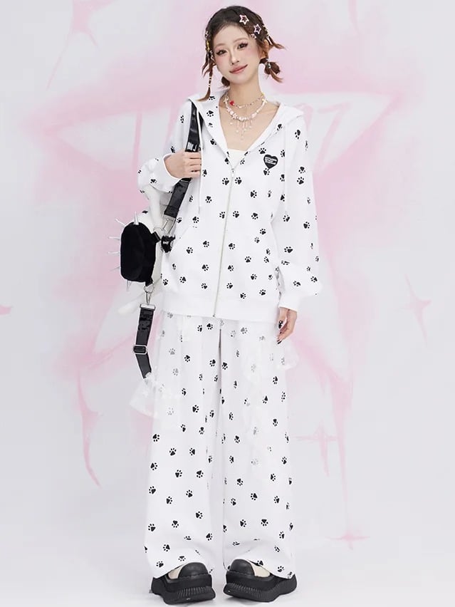 White Cat Paws Allover Cat Ears Design Spring Zip Hoodie