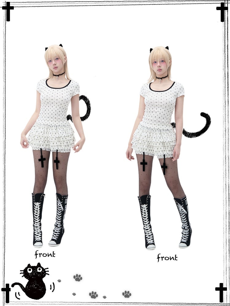 Detail Back Cat Paw Print Cat Ears and T-Shirt White at Allover Black Cross Pastel Gothic