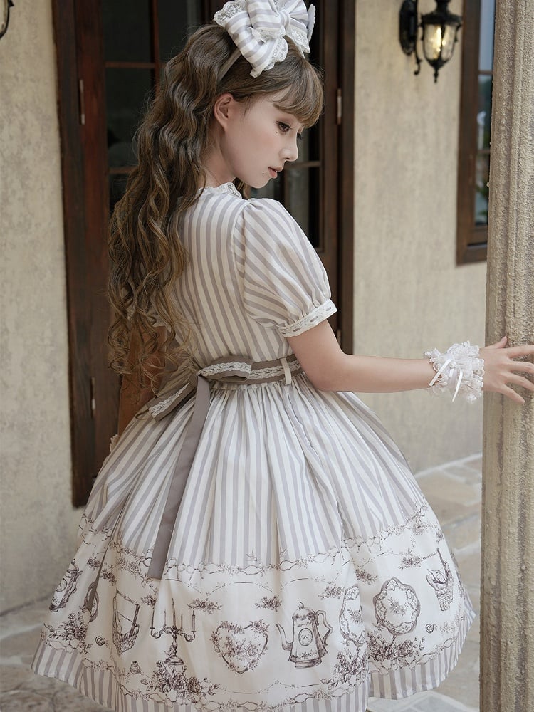 Classic Lolita Antique Porcelain Print and Embroidery OP Dress in Blue and Gray with Striped Pattern - Birds Diary