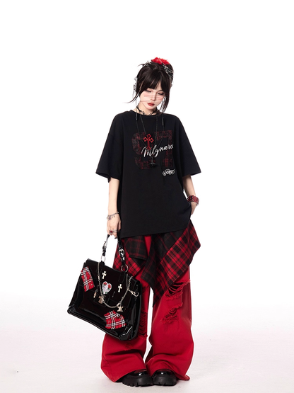 Print Letter and Black Round Neck T-shirt Oversize Number