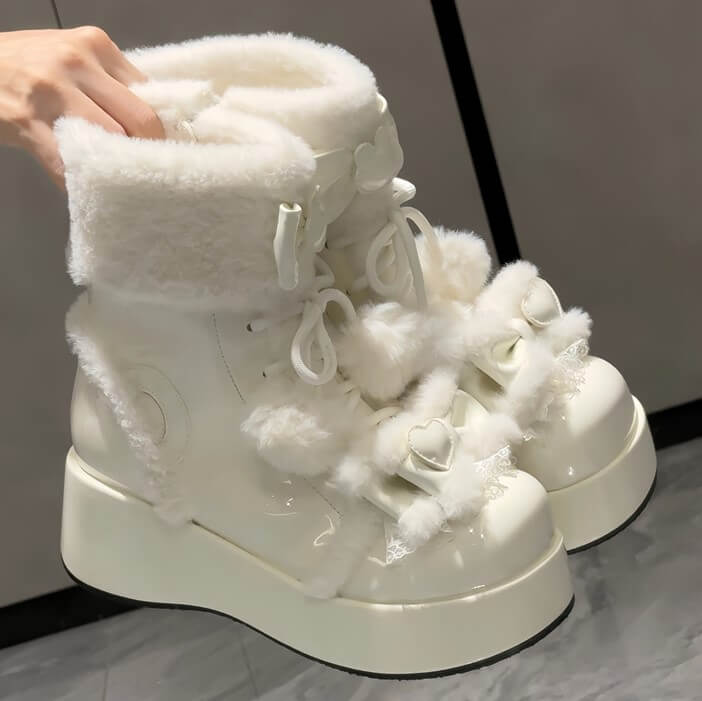 Lining Pom-Pom Boots PU with and Sweet Platform Fleece Details White Lolita
