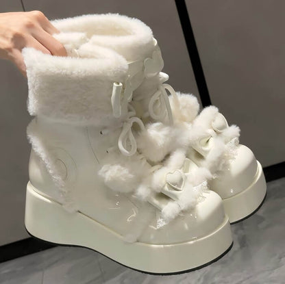 Lining Pom-Pom Boots PU with and Sweet Platform Fleece Details White Lolita