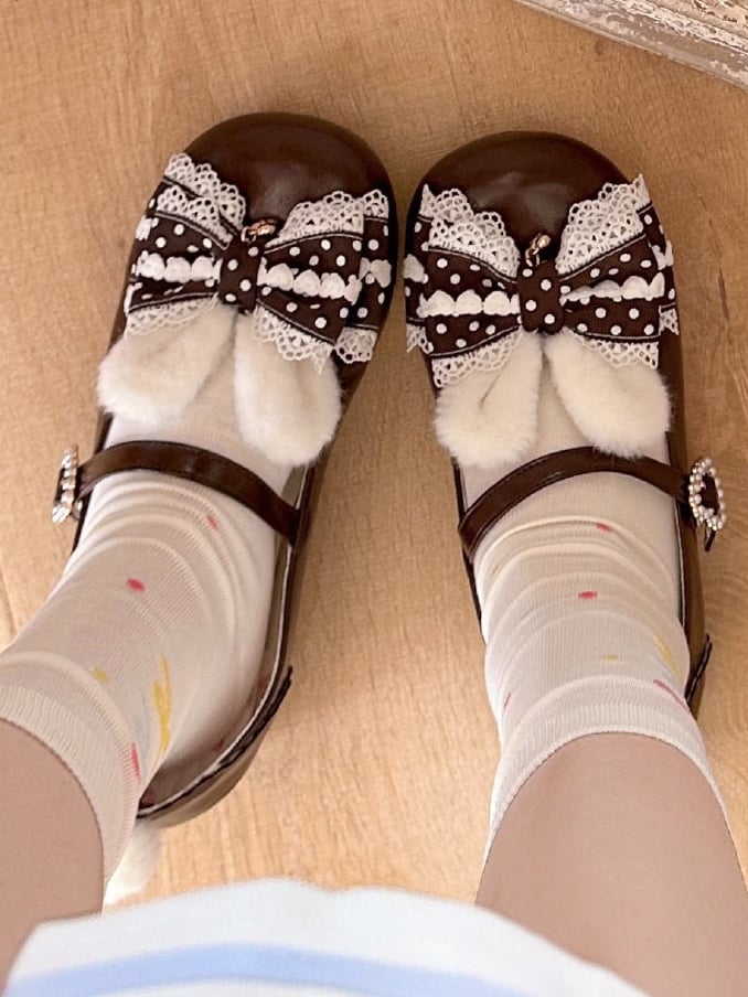 Lolita Bunny Shoes Pom Mary Jane Brown Sweet with Ears Tail