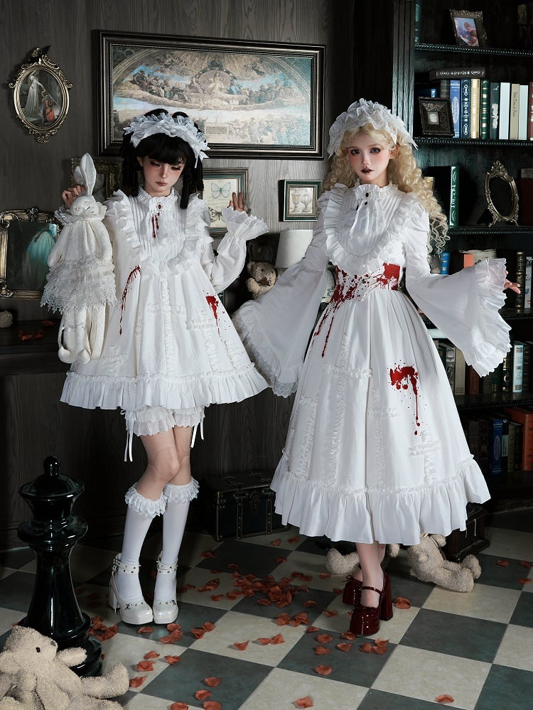 Gothic Lolita White Jabot Brooch with Red Bead Chains - With PUJI