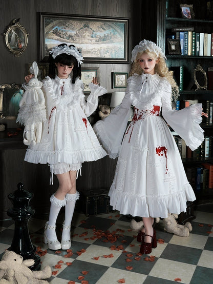 Gothic Lolita White Jabot Brooch with Red Bead Chains - With PUJI