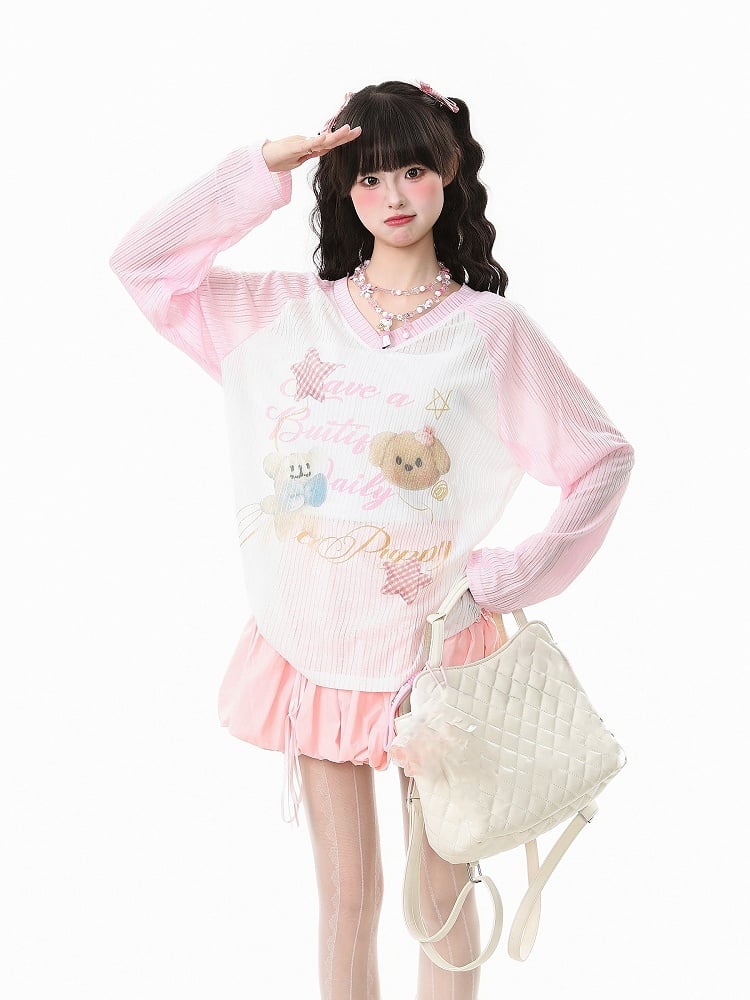 Apricot/Pink/Green Kawaii V-Neck Knit Top with Puppy Print - Long Sleeve Pullover