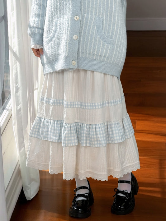 White High Waist Lace Trim Sweet Skirt Plaid Patchwork