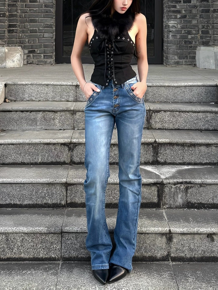 Faded Wash Straight-Leg Jeans in Dark Blue - DETW OnLine