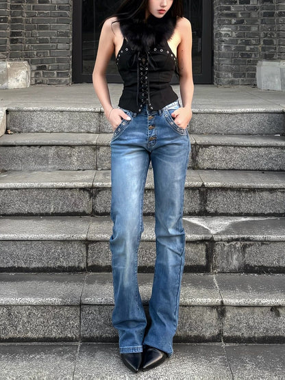 Faded Wash Straight-Leg Jeans in Dark Blue - DETW OnLine