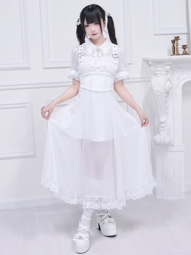 Kostenloser Gürtel Ausschnitt Schnalle Jirai Kei Weiß Lange Kleid Illusion Akzente Korsett mit