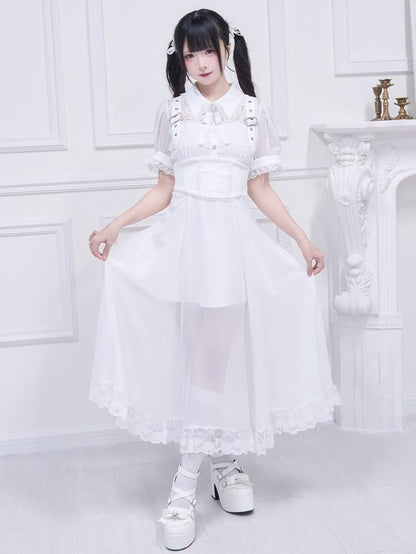 Kostenloser Gürtel Ausschnitt Schnalle Jirai Kei Weiß Lange Kleid Illusion Akzente Korsett mit