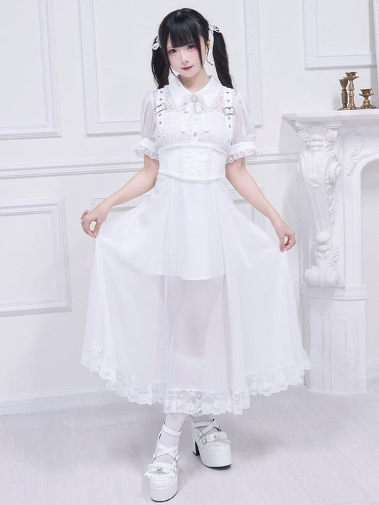 Kostenloser Gürtel Ausschnitt Schnalle Jirai Kei Weiß Lange Kleid Illusion Akzente Korsett mit