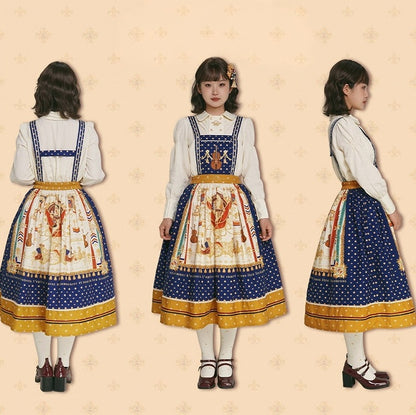 Dark Blue Musical Print Overall Dress with Detachable Straps - Crucis Universal Tailor Company