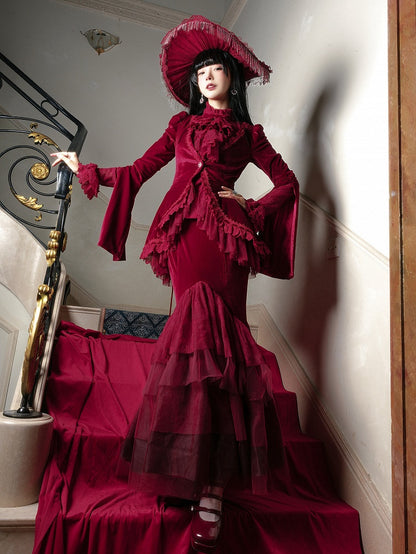 Embroidered Lace Blouse with Velvet V-Neck Coat and Layered Mermaid Skirt - DevilInspired Exclusive Collection