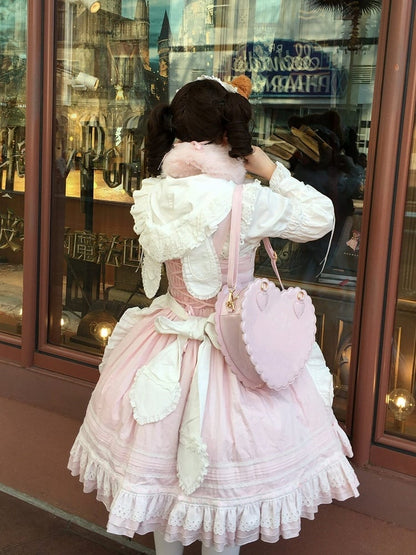 Pink Lace-Up Lolita Jumper Skirt with Ruffled Hem