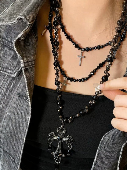 Gothic Beaded Layered Necklace with Cross Pendant - YSHXS