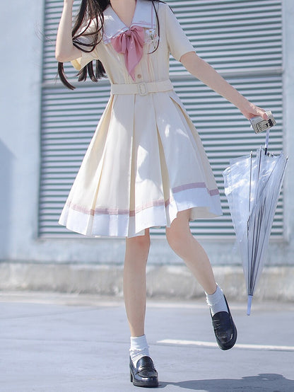 mit Faltenkasten Matrosengelb Milch Taille Kleid Rock Kragen Gürtel