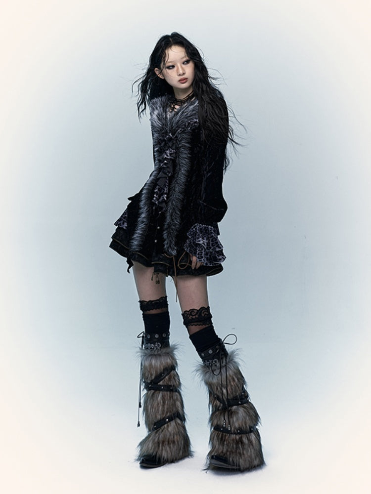 ブラック＆グレー スケルトン シャギー レッグウォーマー