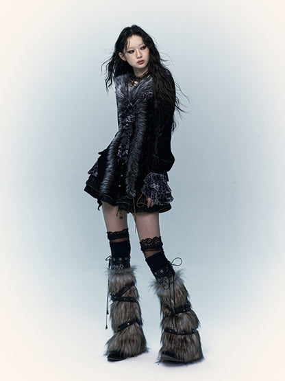 ブラック＆グレー スケルトン シャギー レッグウォーマー